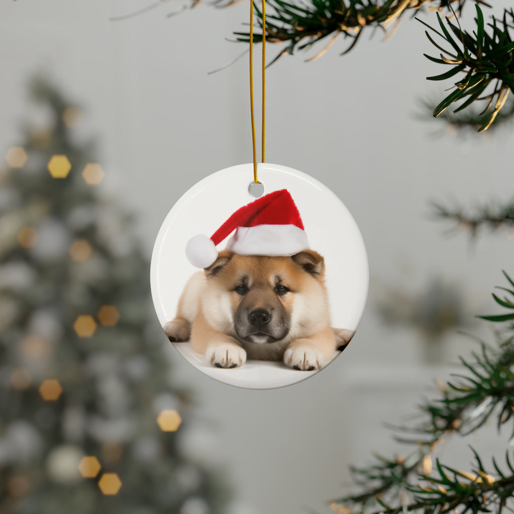 Hanging Ceramic Christmas Tree Ornament with Gold String - Akita Puppy Design, view 3