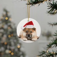 DistinctInk Hanging Ceramic Christmas Tree Ornament with Gold String - Great Gift/Present - 2 3/4 inch Diameter - Akita Puppy Design