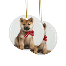 DistinctInk Hanging Ceramic Christmas Tree Ornament with Gold String - Great Gift/Present - 2 3/4 inch Diameter - Norwegian Buhund Puppy Design