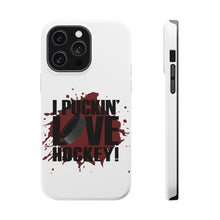 DistinctInk ToughCase for Apple iPhone, Compatible with MagSafe Charging - I Puckin' Love Hockey