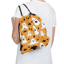 DistinctInk Drawstring Bag Backpack with Ghoulish Bats and Pumpkins Design for Halloween