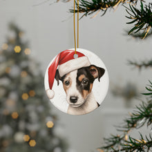 DistinctInk Hanging Ceramic Christmas Tree Ornament with Gold String - Great Gift/Present - 2 3/4 inch Diameter - Smooth Fox Terrier Puppy Drawing Design