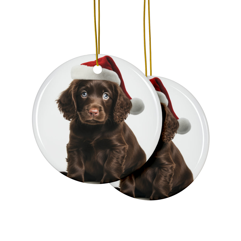 Hanging Ceramic Christmas Tree Ornament with Gold String - Boykin Spaniel Puppy Design, view 2