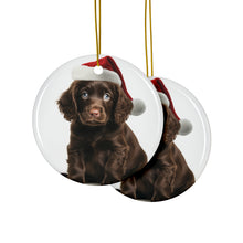 DistinctInk Hanging Ceramic Christmas Tree Ornament with Gold String - Great Gift/Present - 2 3/4 inch Diameter - Boykin Spaniel Puppy Design
