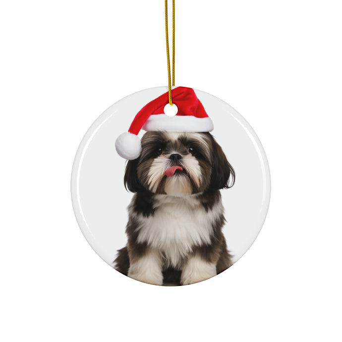 DistinctInk Hanging Ceramic Christmas Tree Ornament with Gold String - Great Gift/Present - 2 3/4 inch Diameter - Shih Tzu Design