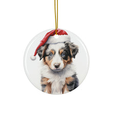DistinctInk Hanging Ceramic Christmas Tree Ornament with Gold String - Great Gift/Present - 2 3/4 inch Diameter - Australian Shepherd Puppy Drawing Design