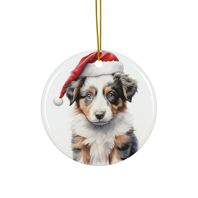 DistinctInk Hanging Ceramic Christmas Tree Ornament with Gold String - Great Gift/Present - 2 3/4 inch Diameter - Australian Shepherd Puppy Drawing Design