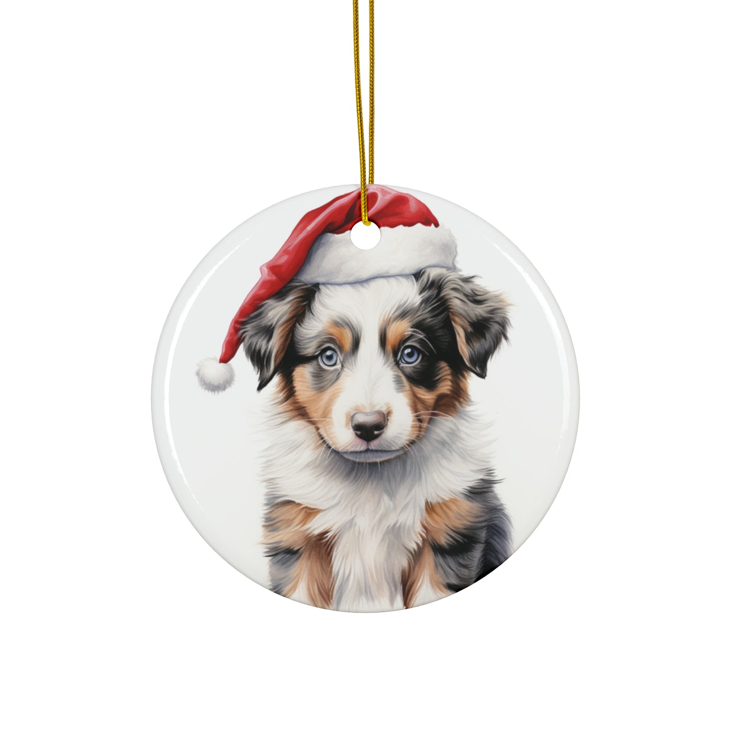 DistinctInk Hanging Ceramic Christmas Tree Ornament with Gold String - Great Gift/Present - 2 3/4 inch Diameter - Australian Shepherd Puppy Drawing Design