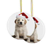 DistinctInk Hanging Ceramic Christmas Tree Ornament with Gold String - Great Gift/Present - 2 3/4 inch Diameter - Great Pyrenee Puppy Design