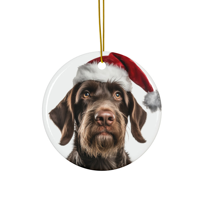 DistinctInk Hanging Ceramic Christmas Tree Ornament with Gold String - Great Gift/Present - 2 3/4 inch Diameter - German Wirehaired Pointer Design