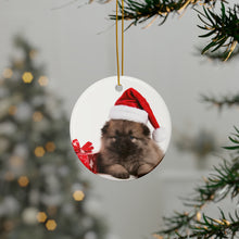 DistinctInk Hanging Ceramic Christmas Tree Ornament with Gold String - Great Gift/Present - 2 3/4 inch Diameter - Keeshonden Puppy Design