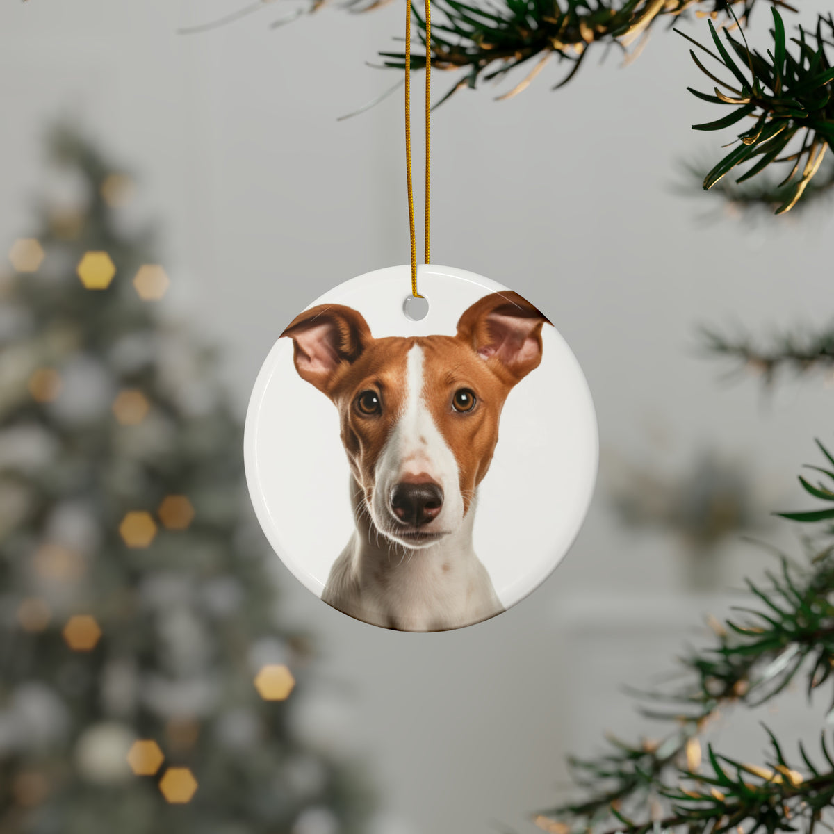 Hanging Ceramic Christmas Tree Ornament with Gold String - Ibizan Hound Puppy Design, view 3