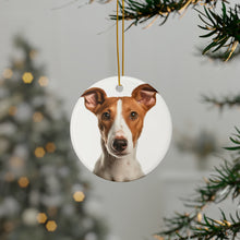 DistinctInk Hanging Ceramic Christmas Tree Ornament with Gold String - Great Gift/Present - 2 3/4 inch Diameter - Ibizan Hound Puppy Design