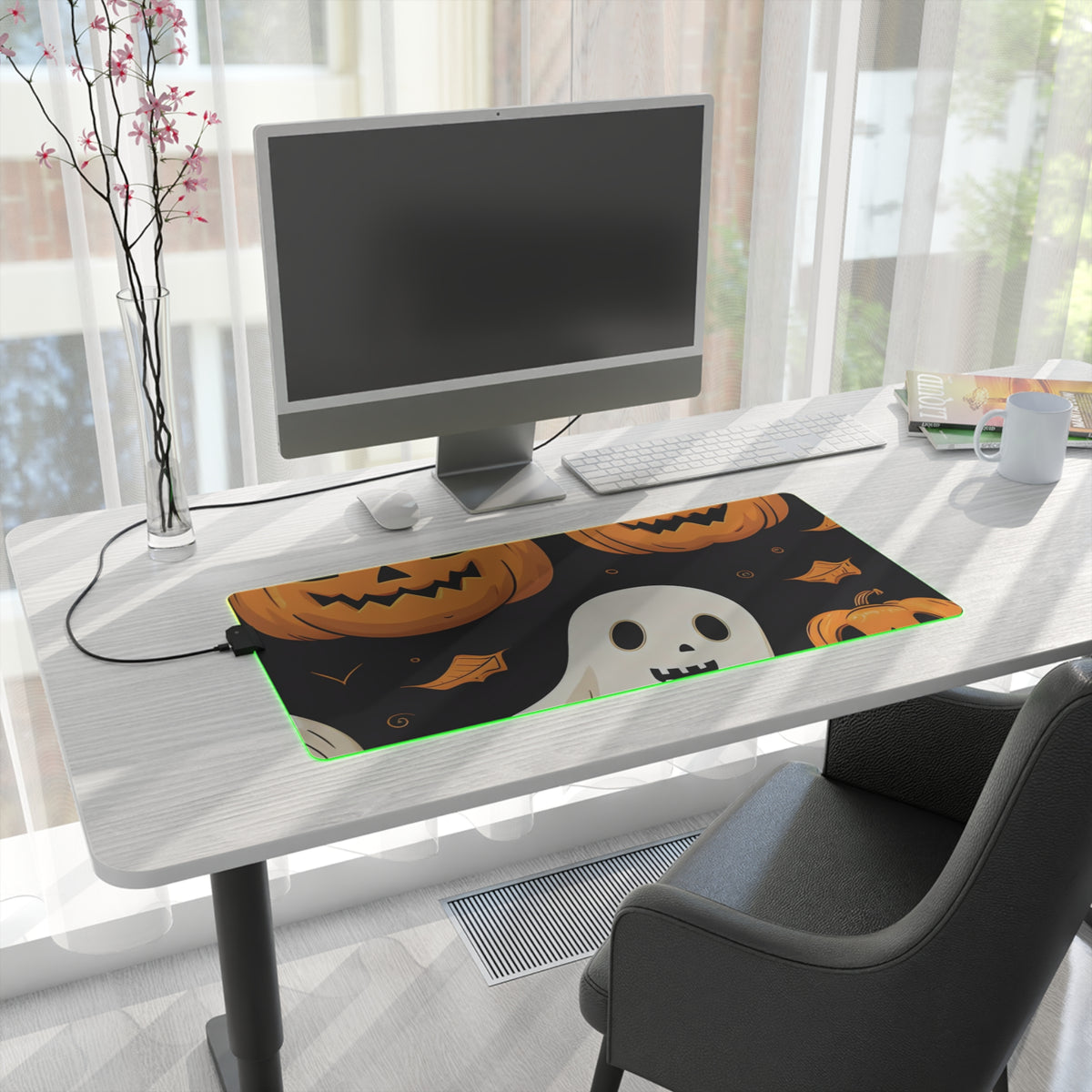 LED Gaming Mouse Pad with Ghastly Skeleton Pumpkin Party Design for Halloween, view 16