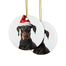 DistinctInk Hanging Ceramic Christmas Tree Ornament with Gold String - Great Gift/Present - 2 3/4 inch Diameter - Doberman Pinscher Design