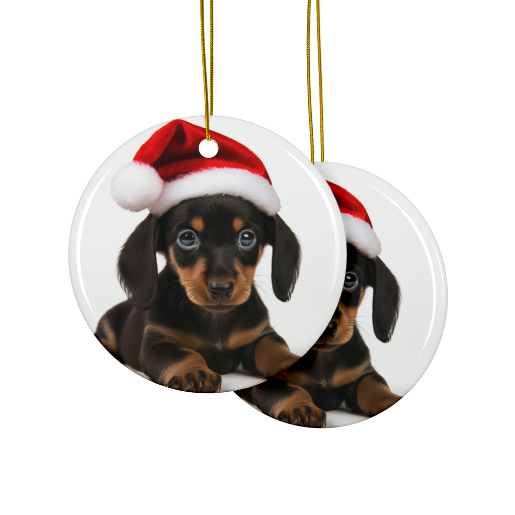 Hanging Ceramic Christmas Tree Ornament with Gold String - Dachshund Puppy Design, view 2