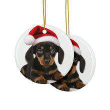 DistinctInk Hanging Ceramic Christmas Tree Ornament with Gold String - Great Gift/Present - 2 3/4 inch Diameter - Dachshund Puppy Design