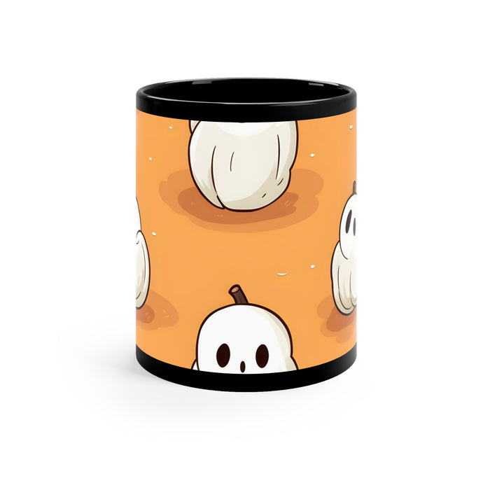 DistinctInk Black Coffee Mug - Ghastly Skeleton Pumpkin adorned for Halloween