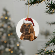 DistinctInk Hanging Ceramic Christmas Tree Ornament with Gold String - Great Gift/Present - 2 3/4 inch Diameter - Bloodhound Puppy Design