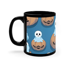 DistinctInk Black Coffee Mug - Ghost Skeleton Pumpkin Pattern for Halloween