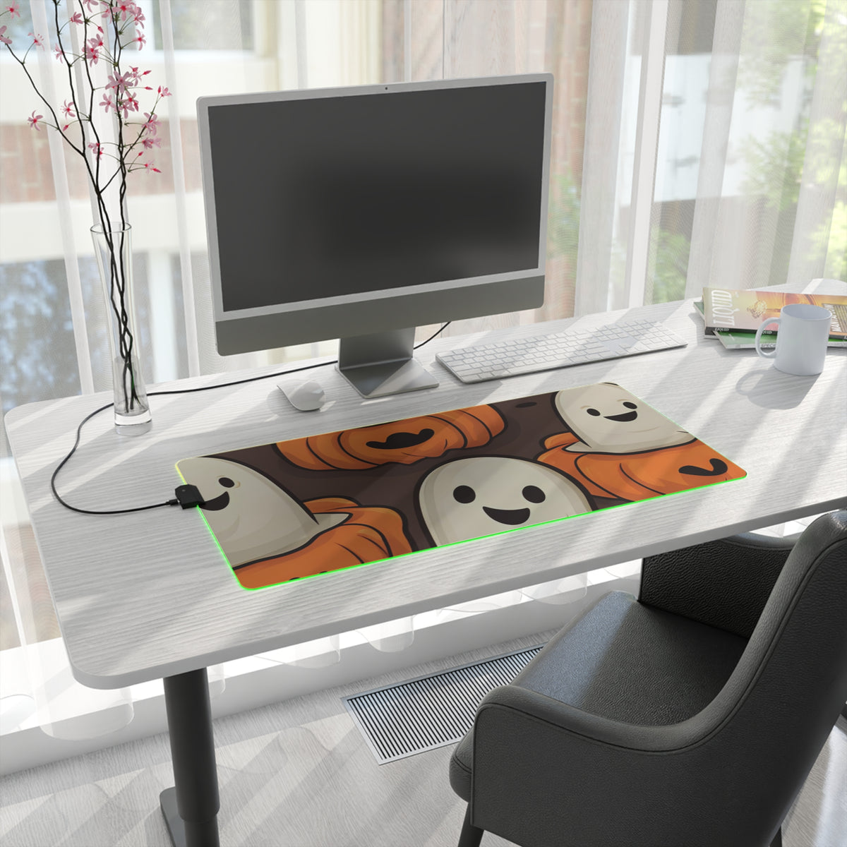 LED Gaming Mouse Pad with Haunted Skeleton Pumpkin Patch Design for Halloween, view 16