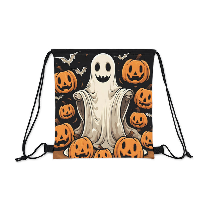 DistinctInk Drawstring Bag / Backpack with Ghastly Skeletal Pumpkin Patch Design for Halloween