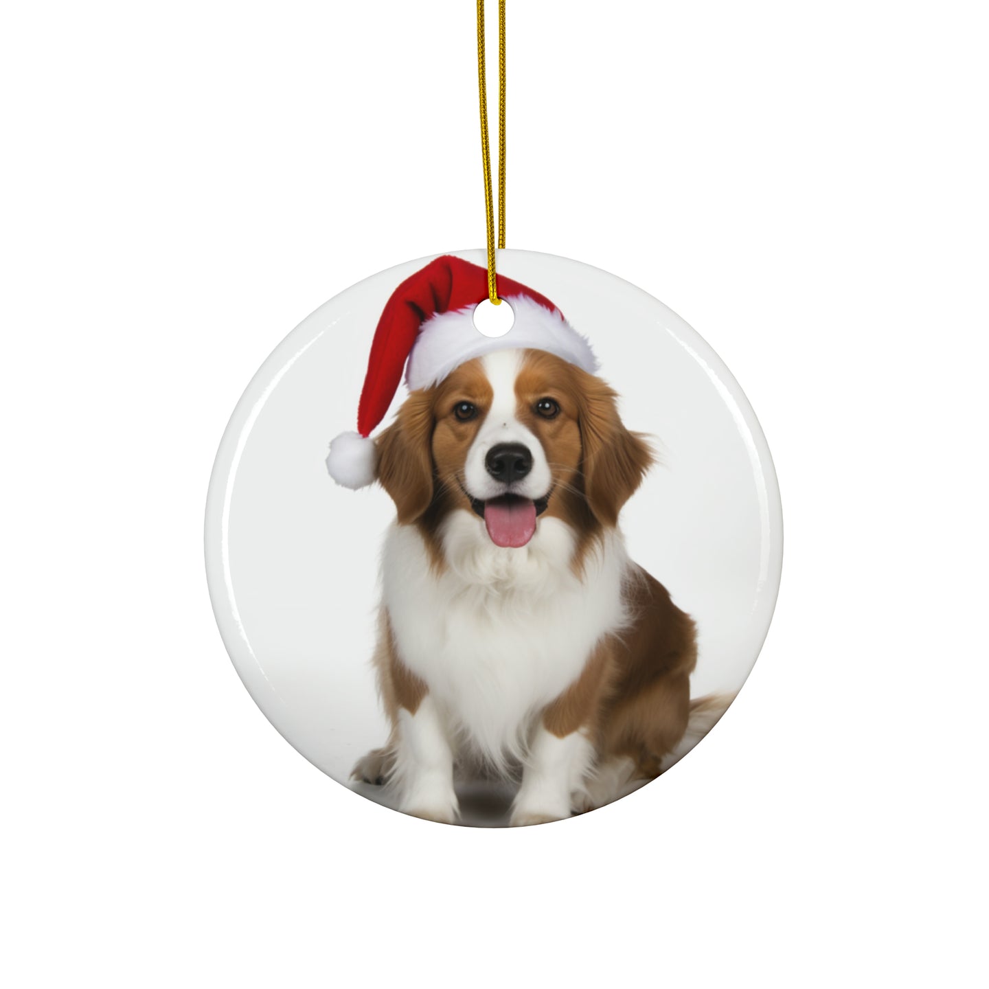 DistinctInk Hanging Ceramic Christmas Tree Ornament with Gold String - Great Gift/Present - 2 3/4 inch Diameter - Nederlandse Kooikerhondje Design