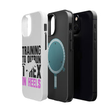 DistinctInk ToughCase for Apple iPhone, Compatible with MagSafe Charging - Training to Outrun T-Rex in Heels