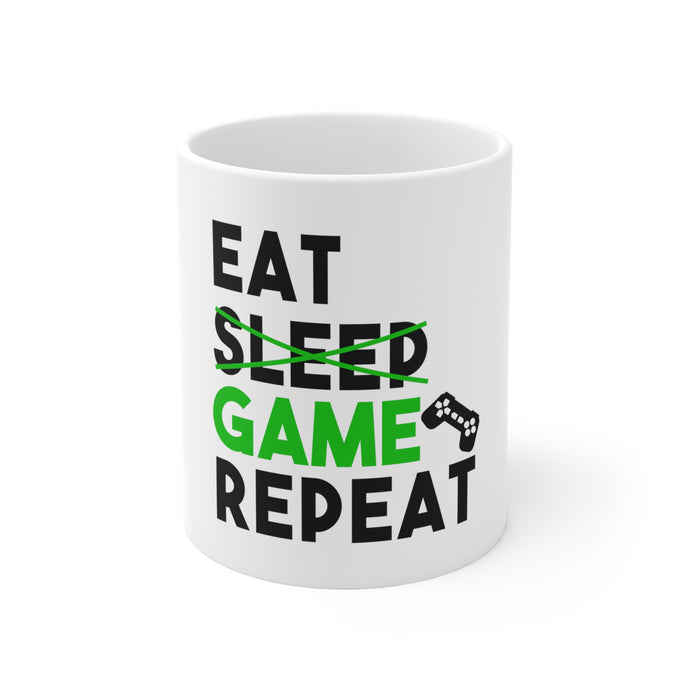 DistinctInk Glossy White Coffee / Tea Mug - Eat Game Repeat - Video Games Gamer