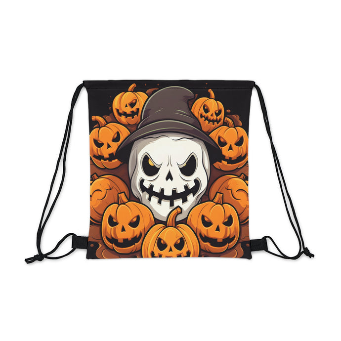 DistinctInk Drawstring Bag Backpack with Spooky Skeleton Pumpkin Patch Design for Halloween