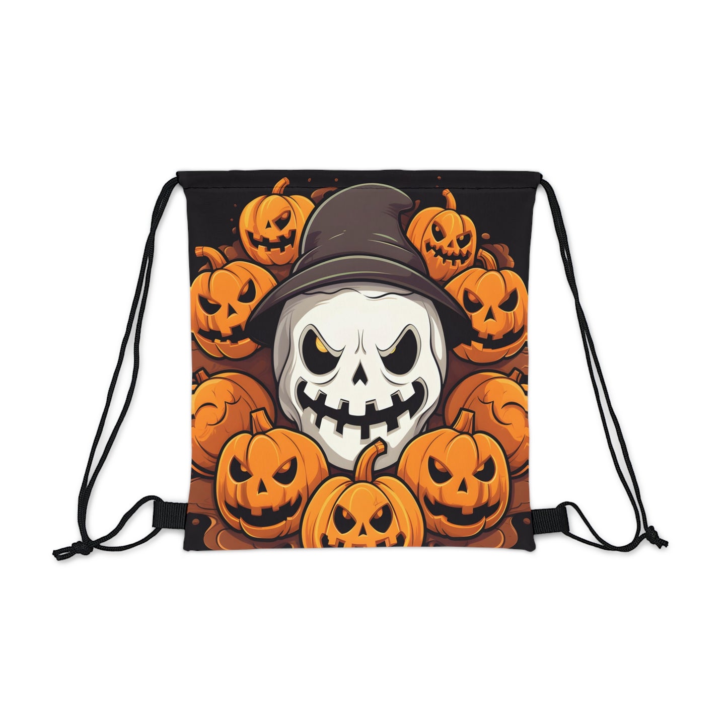 DistinctInk Drawstring Bag Backpack with Spooky Skeleton Pumpkin Patch Design for Halloween