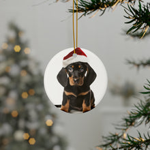 DistinctInk Hanging Ceramic Christmas Tree Ornament with Gold String - Great Gift/Present - 2 3/4 inch Diameter - Black and Tan Coonhound Puppy Design