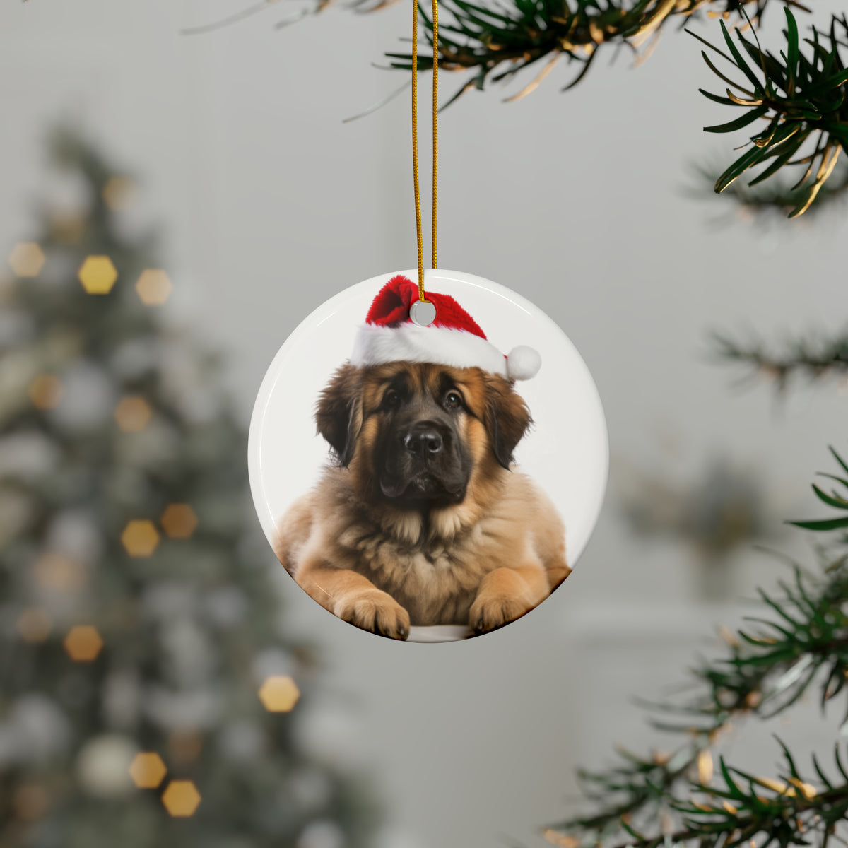 Hanging Ceramic Christmas Tree Ornament with Gold String - Leonberger Puppy Design, view 3