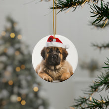 DistinctInk Hanging Ceramic Christmas Tree Ornament with Gold String - Great Gift/Present - 2 3/4 inch Diameter - Leonberger Puppy Design
