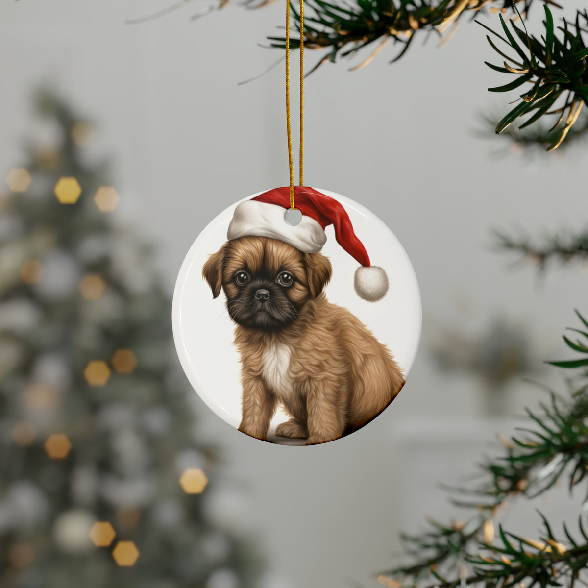 Hanging Ceramic Christmas Tree Ornament with Gold String - Brussel Griffon Puppy Drawing Design, view 3