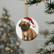 DistinctInk Hanging Ceramic Christmas Tree Ornament with Gold String - Great Gift/Present - 2 3/4 inch Diameter - Brussel Griffon Puppy Drawing Design