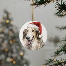 DistinctInk Hanging Ceramic Christmas Tree Ornament with Gold String - Great Gift/Present - 2 3/4 inch Diameter - Borzoi Puppy Drawing Design