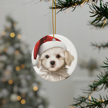 DistinctInk Hanging Ceramic Christmas Tree Ornament with Gold String - Great Gift/Present - 2 3/4 inch Diameter - Maltese Puppy Drawing Design
