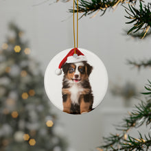 DistinctInk Hanging Ceramic Christmas Tree Ornament with Gold String - Great Gift/Present - 2 3/4 inch Diameter - Miniature American Shepherd Puppy Design