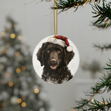 DistinctInk Hanging Ceramic Christmas Tree Ornament with Gold String - Great Gift/Present - 2 3/4 inch Diameter - Curly-Coated Retriever Puppy Drawing Design