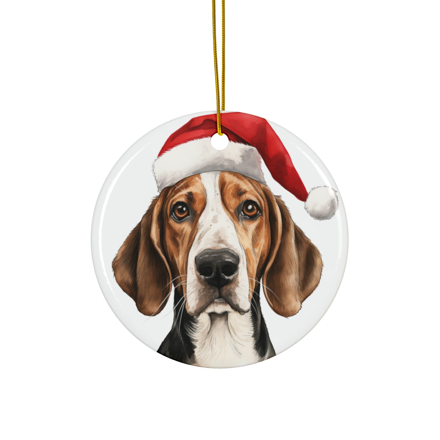 DistinctInk Hanging Ceramic Christmas Tree Ornament with Gold String - Great Gift/Present - 2 3/4 inch Diameter - English Foxhound Design