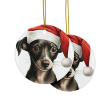 DistinctInk Hanging Ceramic Christmas Tree Ornament with Gold String - Great Gift/Present - 2 3/4 inch Diameter - Italian Greyhound Puppy Drawing Design