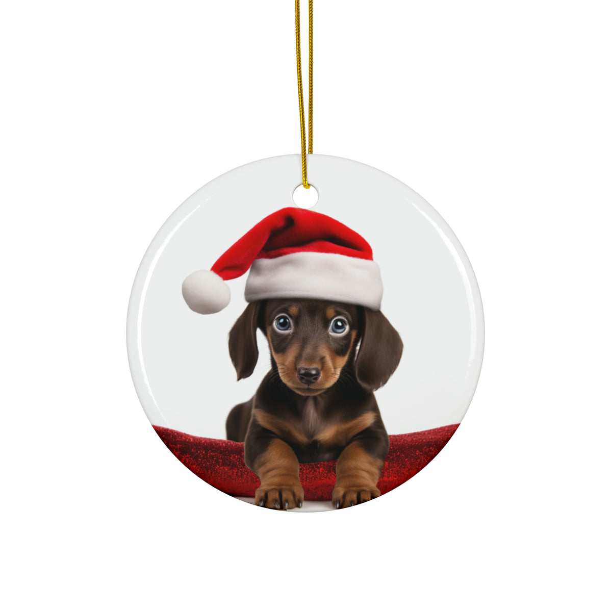 Hanging Ceramic Christmas Tree Ornament with Gold String - Dachshund Puppy Design