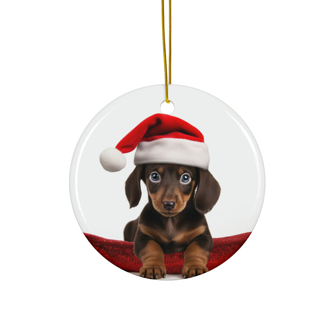 DistinctInk Hanging Ceramic Christmas Tree Ornament with Gold String - Great Gift/Present - 2 3/4 inch Diameter - Dachshund Puppy Design