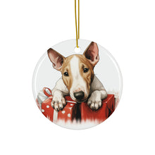 DistinctInk Hanging Ceramic Christmas Tree Ornament with Gold String - Great Gift/Present - 2 3/4 inch Diameter - Bull Terrier Puppy Drawing Design