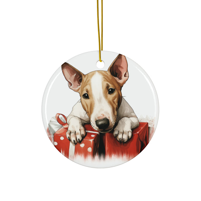 DistinctInk Hanging Ceramic Christmas Tree Ornament with Gold String - Great Gift/Present - 2 3/4 inch Diameter - Bull Terrier Puppy Drawing Design