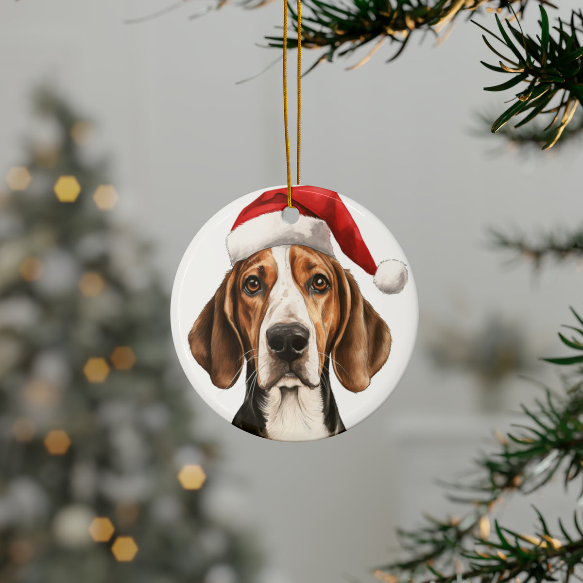 Hanging Ceramic Christmas Tree Ornament with Gold String - English Foxhound Design, view 3