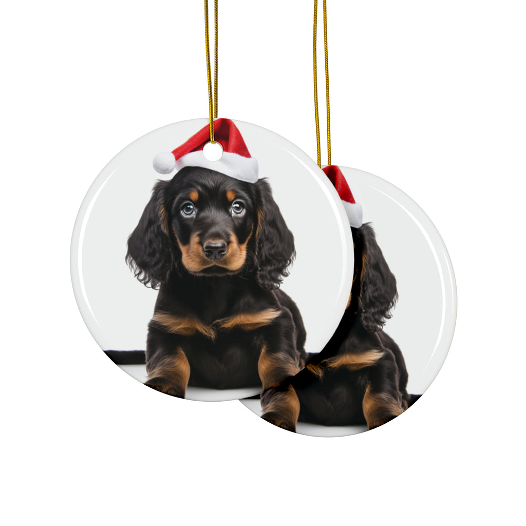 Hanging Ceramic Christmas Tree Ornament with Gold String - Gordon Setter Puppy Design, view 2
