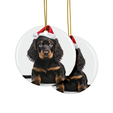 DistinctInk Hanging Ceramic Christmas Tree Ornament with Gold String - Great Gift/Present - 2 3/4 inch Diameter - Gordon Setter Puppy Design