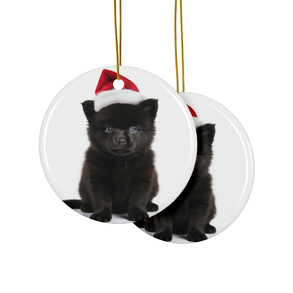 Hanging Ceramic Christmas Tree Ornament with Gold String - Schipperke Puppy Design, view 2
